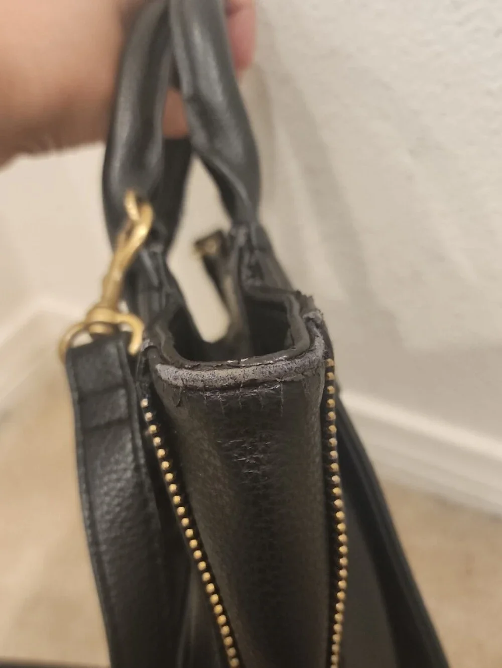 Black Leather Satchel Handbag with Gold Hardware